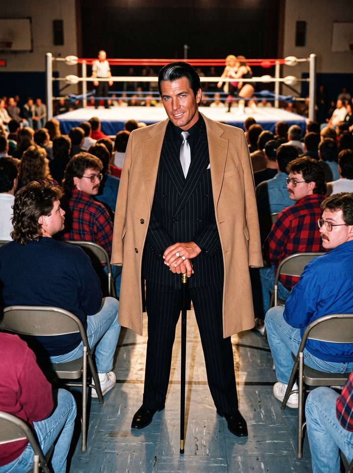 Rex Ruckus in a black pinstripe suit and camel overcoat, leaning on a gold-tipped cane at the back of a wrestling crowd